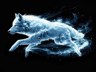 White wolf running through frozen blue flames on black background
