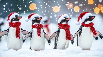 Fototapeta premium Penguins wearing christmas hats and scarves enjoying winter snowfall