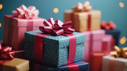 Obraz premium Colorful Gift Boxes Stacked High with Festive Wrapping and Ribbons, Perfect for Holiday Gift Giving Generative AI