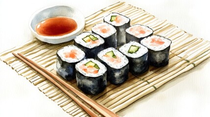 Delicate Watercolor Illustration of Sushi Rolls Arranged on a Bamboo Mat with Soy Sauce for Asian Food Presentation Generative AI