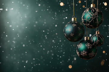 Christmas tree balls hanging on green bokeh background, copy space 