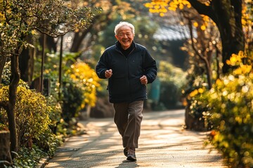 Fototapeta premium Elderly man jogging in a park during a sunny autumn day