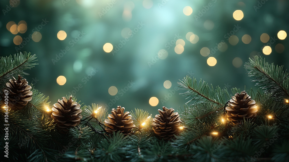 Poster spruce branches with cones on a blurred background with a bokeh effect