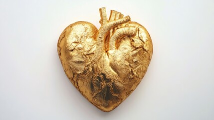 A radiant gold heart, set against a bright white background, exuding warmth and love with intricate details