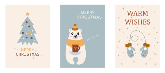 Merry Christmas and Happy New Year Set of greeting cards, posters, holiday covers. Modern vector illustration
