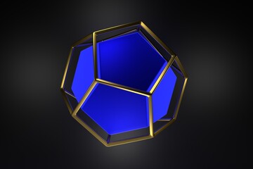 Realistic 3D rendering of gold and blue dodecahedron. Modern background with geometric shape of Platonic solids on dark background for poster, cover, branding, banner, placard.