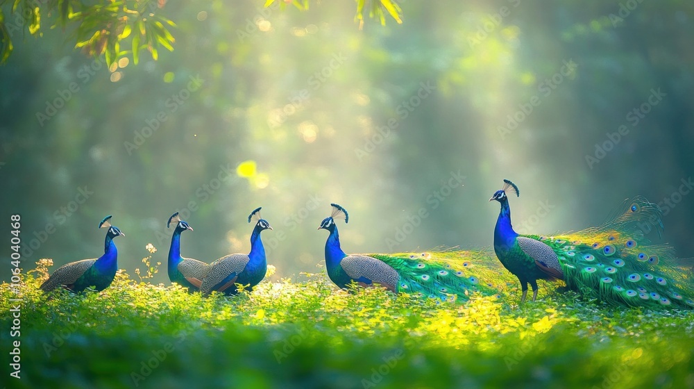 Poster five peacocks stand in a line in a grassy field with sunlight filtering through the trees behind the