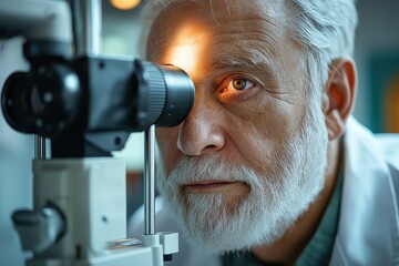 An elderly patient undergoing examination with a fundus camera in a medical clinic during a routine eye check-up for vision health and monitoring