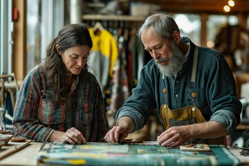 Fototapeta premium Caucasian artisans collaborate on crafting textiles in a bright workshop, showcasing their skills and creativity in a hands-on project together