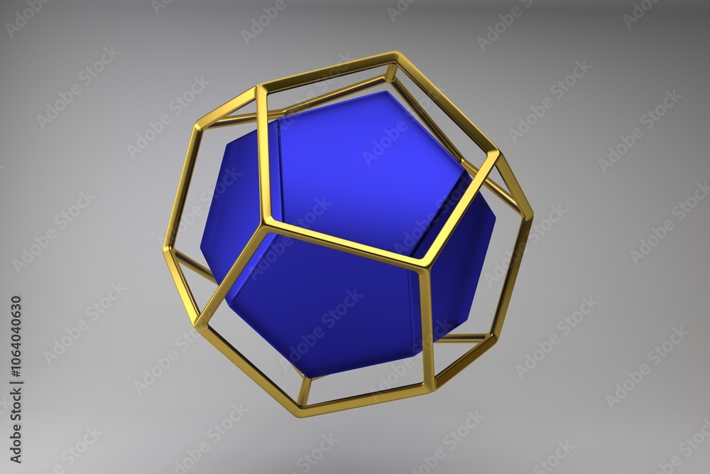 Poster realistic 3d rendering of gold and blue dodecahedron. modern background with geometric shape of plat