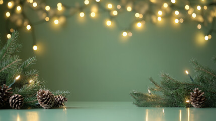 Spruce branches and garland of lights on a green background