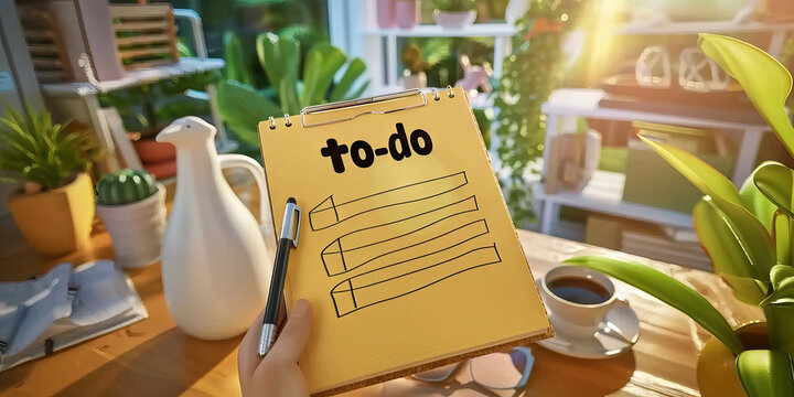 A bright yellow notepad, with the word "to-do" printed in black ink, next to a pen and a white vase.
