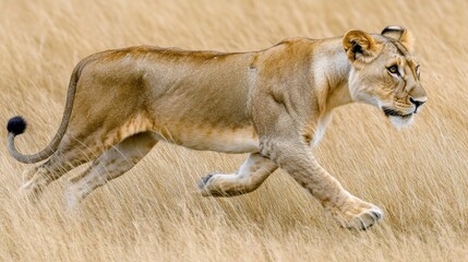 Obraz premium A powerful lioness runs through tall grass in the savanna.