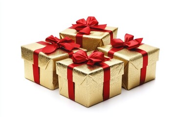 Obraz premium Three Christmas Gift Boxes Wrapped in Gold Paper with Red Ribbons on White Background, Photorealistic High Resolution, Perfect for Holiday Gift Giving and Seasonal Promotions Generative AI