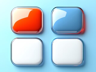 set of four glossy 3D buttons on light blue background featuring red, blue, and white minimalist icons, for technology, web design, or user interface themes
