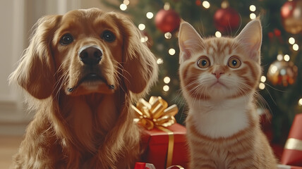 A dog and cat sit near a Christmas tree, both looking up..