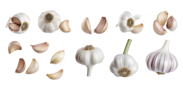 Collection of nine garlic bulbs in 3x3 grid on gray background. Varying sizes, shapes. Largest bulb at top left, smallest at bottom left. Fresh, organic, natural ingredient for cooking, meal, raw