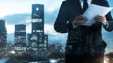 Businessman reviewing documents against a city skyline..
