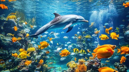 Fototapeta premium A dolphin swims through a vibrant coral reef, surrounded by colorful fish.