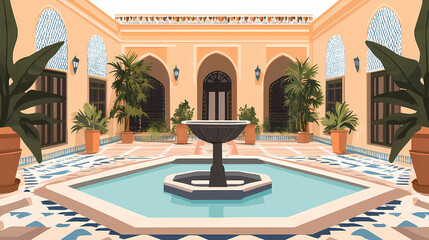 Fototapeta premium Moroccan riad, evoking the unique style of north african architecture. a courtyard home with a fountain in the middle. Arabic Courtyard Fountain. Illustration
