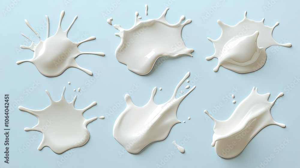 Poster artistic collection of various white milk splashes against a light backdrop, showcasing dynamic shap