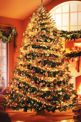 Fototapeta premium Christmas and New Year interior decoration. Decorated Christmas tree with garlands and balls, boxes, gifts and a deer figurine. Stylish interior of living room with fireplace decorated Christmas tree
