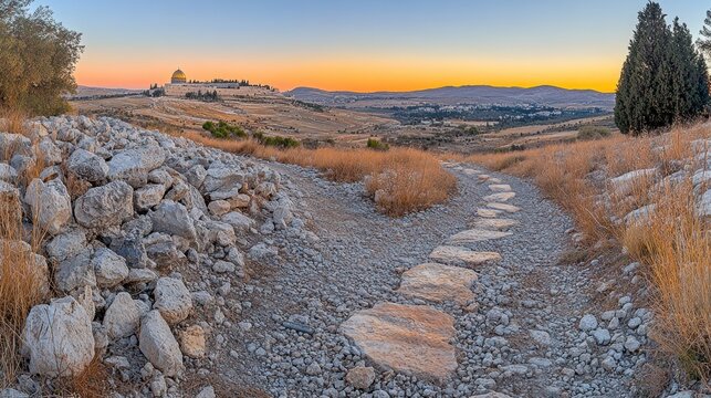 A stone path leads to the distant golden dome of the Temple Mount in Jerusalem at sunset.