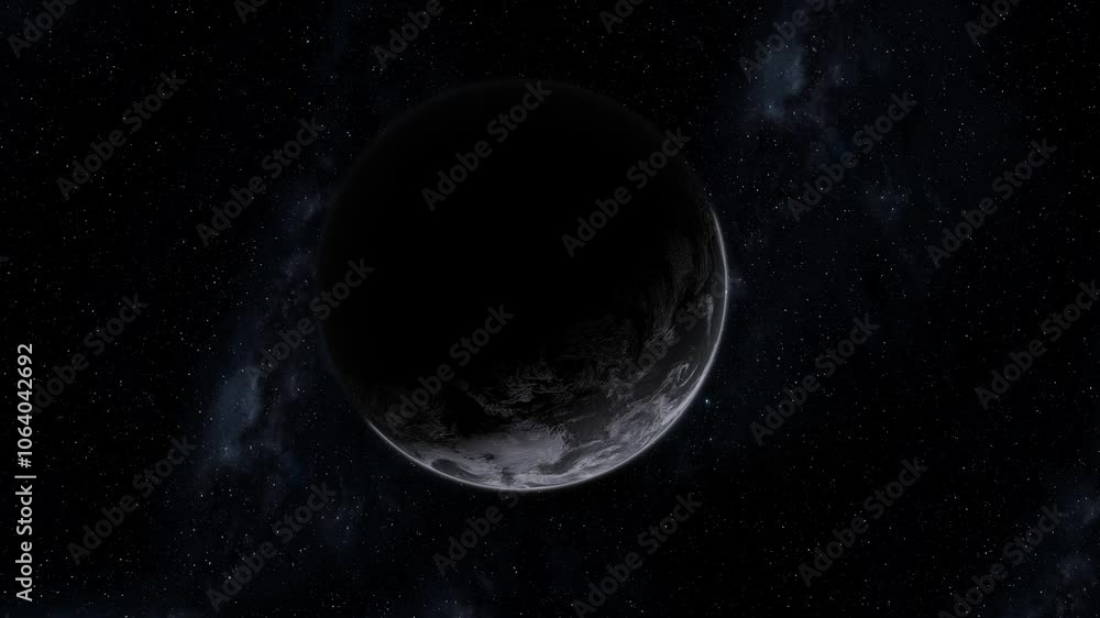 Wall mural approaching an uncharted planet in outer space. outer space with a dark exoplanet. milky way. flying
