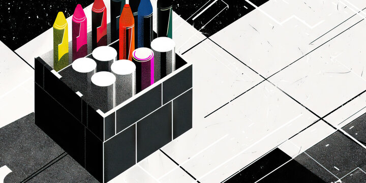 An unopened box of colorful markers, with assorted tips, resting on a clean countertop.