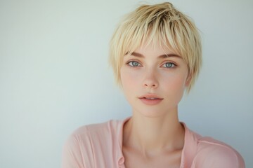 Young woman with short blonde hair and freckles in a light pink top posing in a bright setting