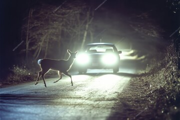 A deer crossing a road at night, illuminated by car headlights, representing wildlife encounters and road safety awareness.