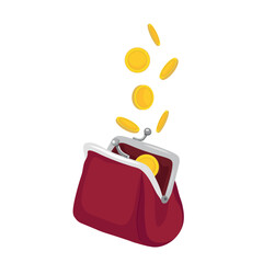 Coins falling into red open retro wallet on white background, flat vector, isolate on white