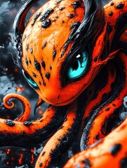Orange and black fantasy octopus emerging from dark smoke