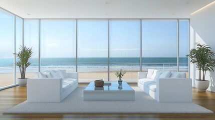 White living room with ocean view and two couches.
