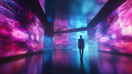 テクノロジーやAIの進化を感じさせるインタラクティブな体験空間を歩く人物