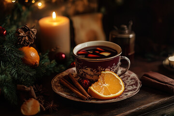 Cup of mulled wine with orange and spices on wooden table with festive burning candle and decor