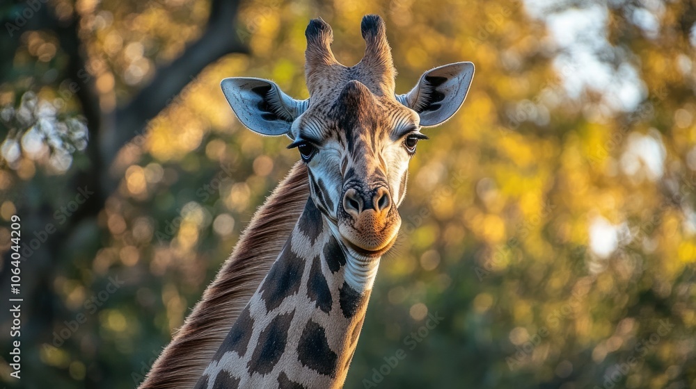 Aufkleber a giraffe with a curious expression looks directly at the camera with a blurred background of trees.