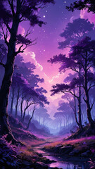 Obraz premium Fantasy Night Forest Path with a Vibrant Sky, fantasy phone wallpaper