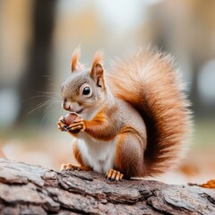 Obraz premium Playful Squirrel Eating Nut on Tree Log
