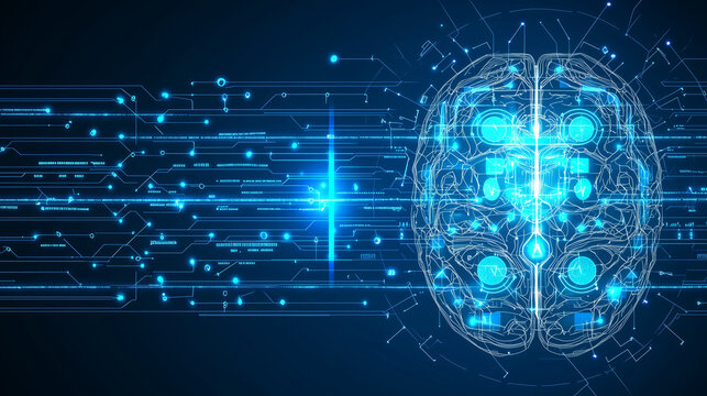 Abstract digital brain with glowing blue circuitry..