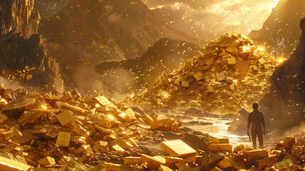 high-risk gold investment, a volatile junior gold mining firm growing tenfold in years, teetering on the edge of default a mix of hope and caution, adorned with gold motifs