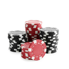 Poker game. Casino chips isolated on white