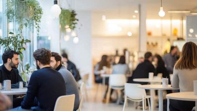 Blurred background of an event with people in a modern coffee shop, a color palette of white and light blue, a minimalistic style, people sitting at tables chatting Generative AI