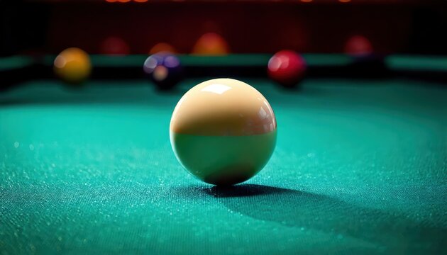 billiards pool table with cue ball and pool balls in background