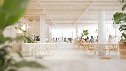 Blurred background of an open-space cafe with people in a white, wooden, and pastel-colored interior, a business team-building or group party concept Generative AI