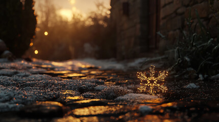Fototapeta premium Golden snowflake on a stone path with snow and sunset..