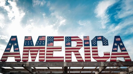 Large letters spelling AMERICA decorated with American flags.