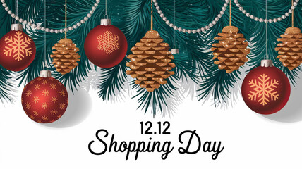 Red ornaments and pine cones hanging from a festive green garland.