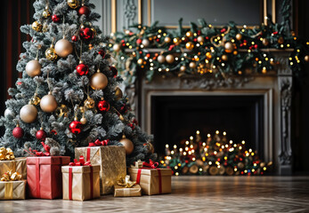 Festively decorated christmas tree and wrapped presents in a cozy living room with glowing...