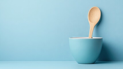A serene bowl of yogurt with a wooden spoon resting atop against a calming blue background in a minimalistic design